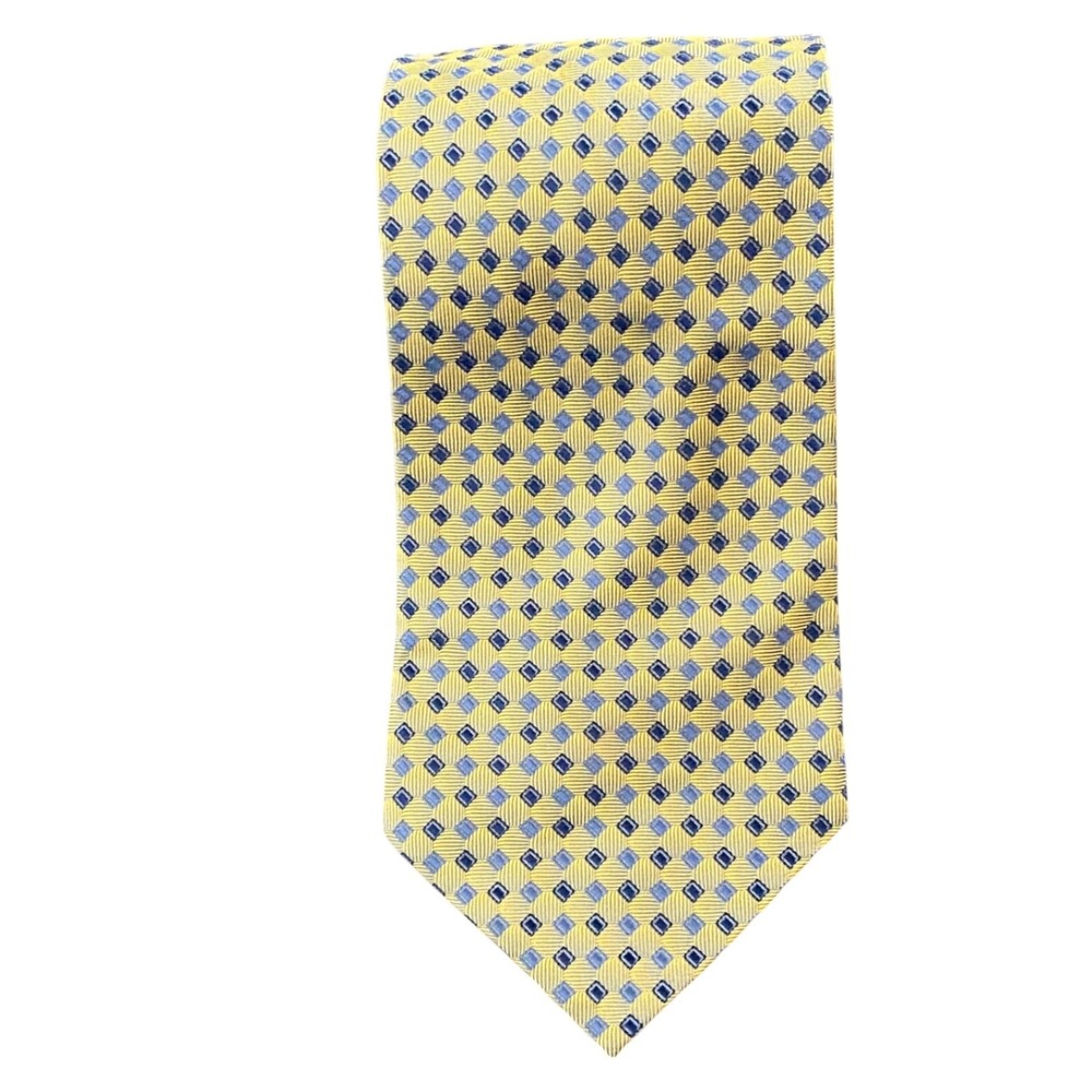 Roberto Villini Collezione Yellow Blue Geometric Diamond 100% Silk Hand Made Tie